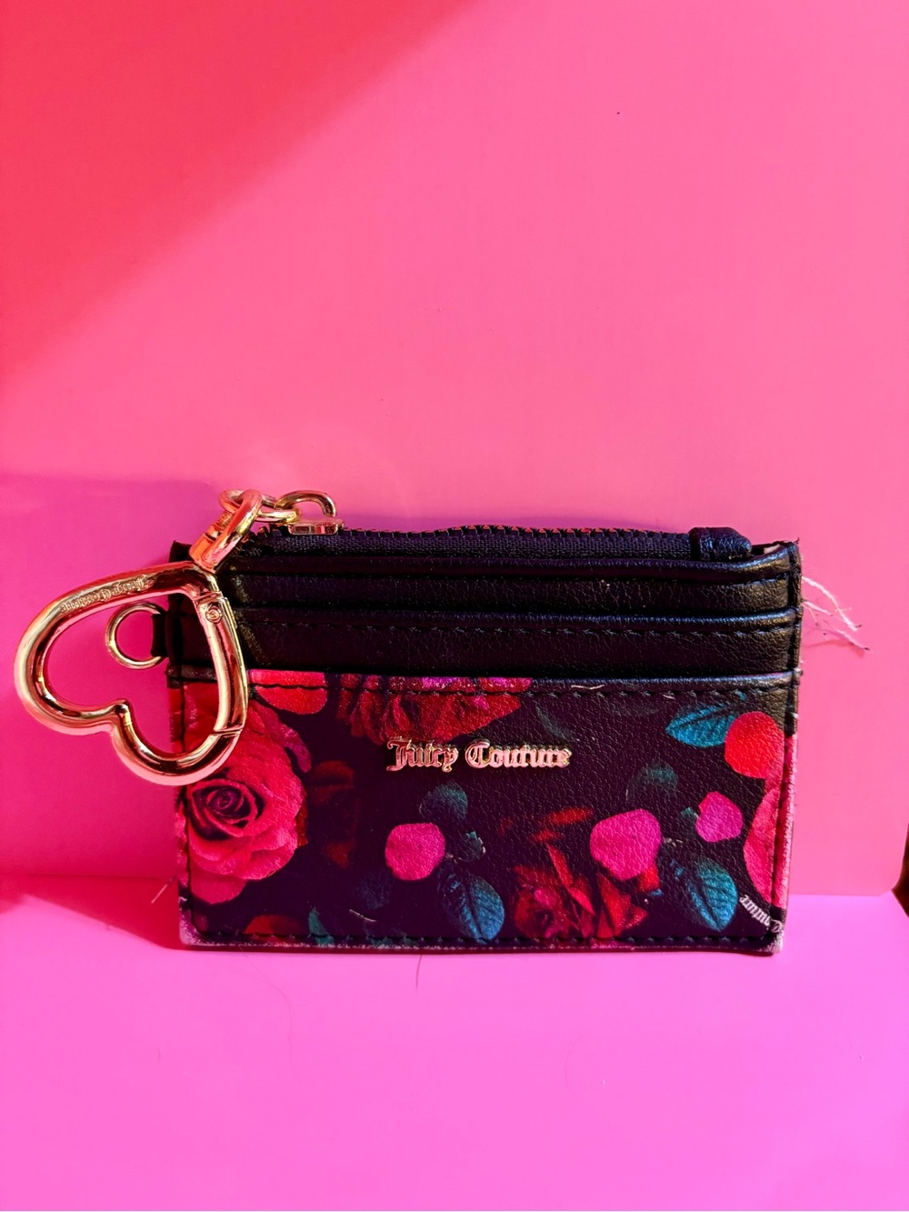 Juicy Couture Floral Card Case Wallet with Gold Heart Charm - Black